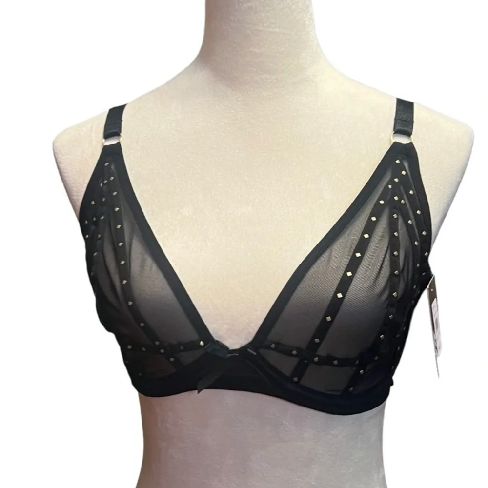 Frederick’s of Hollywood black mesh with gold studs rozlyn bra size 32DD NWT - Picture 4 of 8